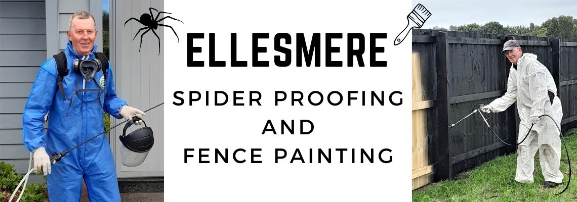 Ellesmere Spider Proofing banner — Grant in blue spray coveralls beside the business wordmark with spider and paintbrush icons, and spraying a black paling fence