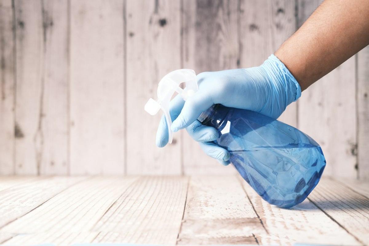 Gloved hand applying spray treatment to whitewashed timber — the spray application at the heart of spider proofing